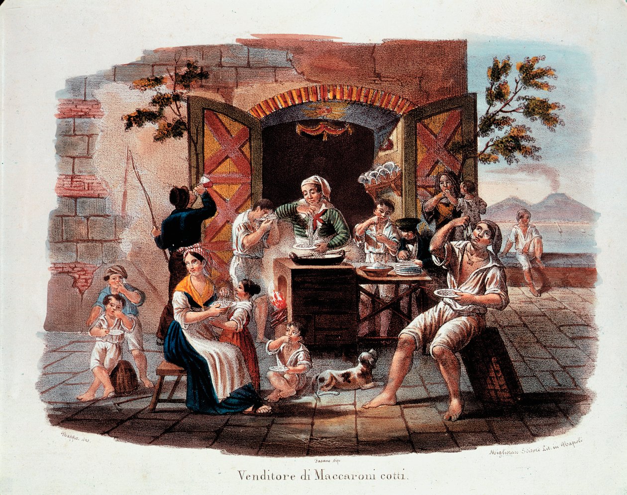 Petit métier napolitain : un vendeur de maccheroni cuits. Au loin le Vésuve sur la baie de Naples. Lithographie du 19ème siècle - Italian School