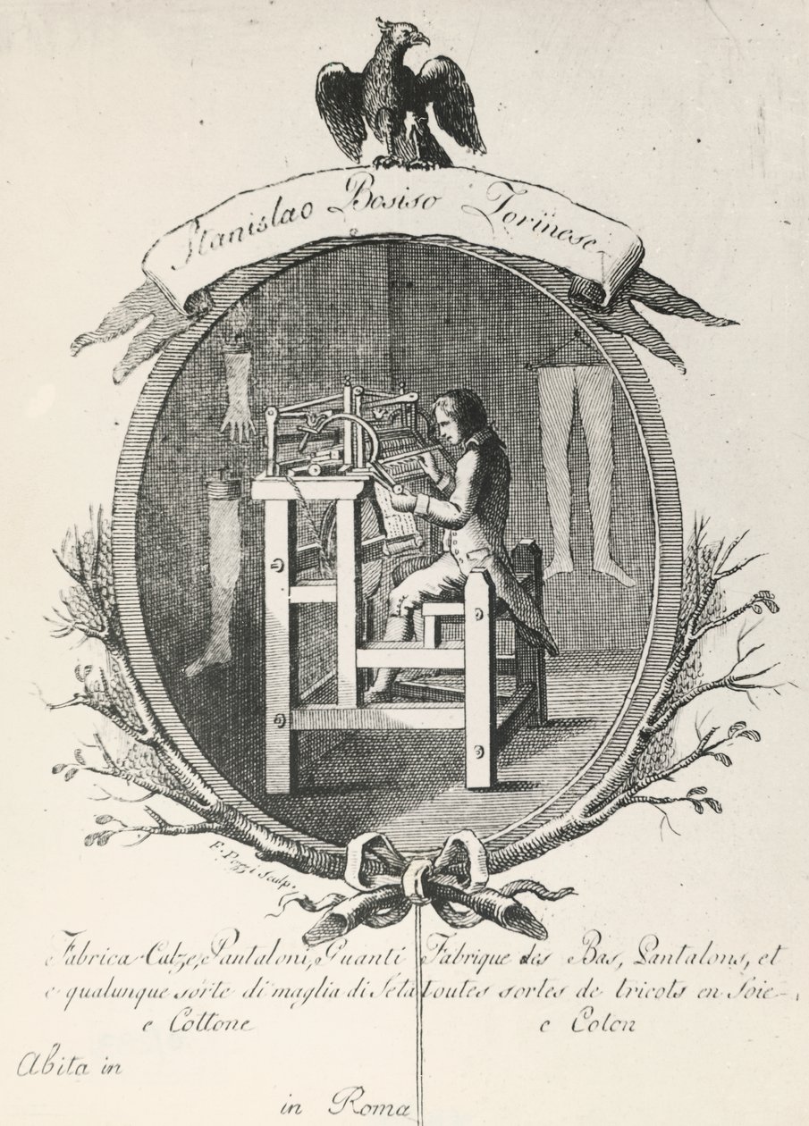Métier à tisser pour la fabrication de chaussettes, pantalons et gants, gravure pour une affiche publicitaire de la société Stanislaus Bosiso - Italian School