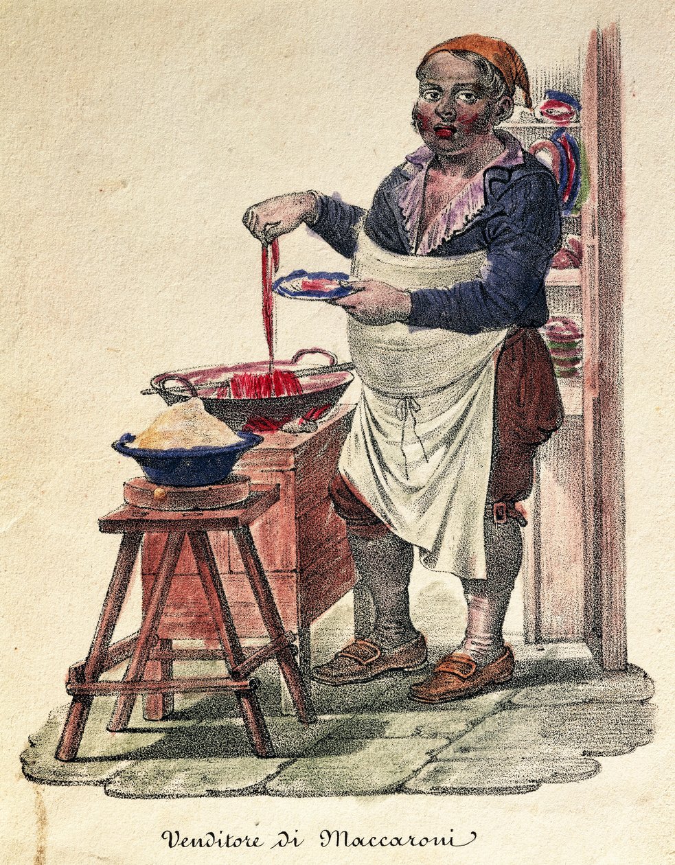 Vendeur de macaroni, gravure, Italie - Italian School