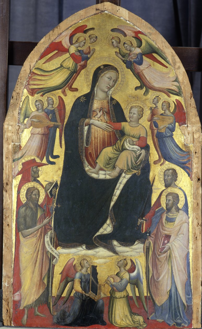 Madone et Enfant sur un trône de nuages avec des saints et des anges, vers 1415-20 - Italian School