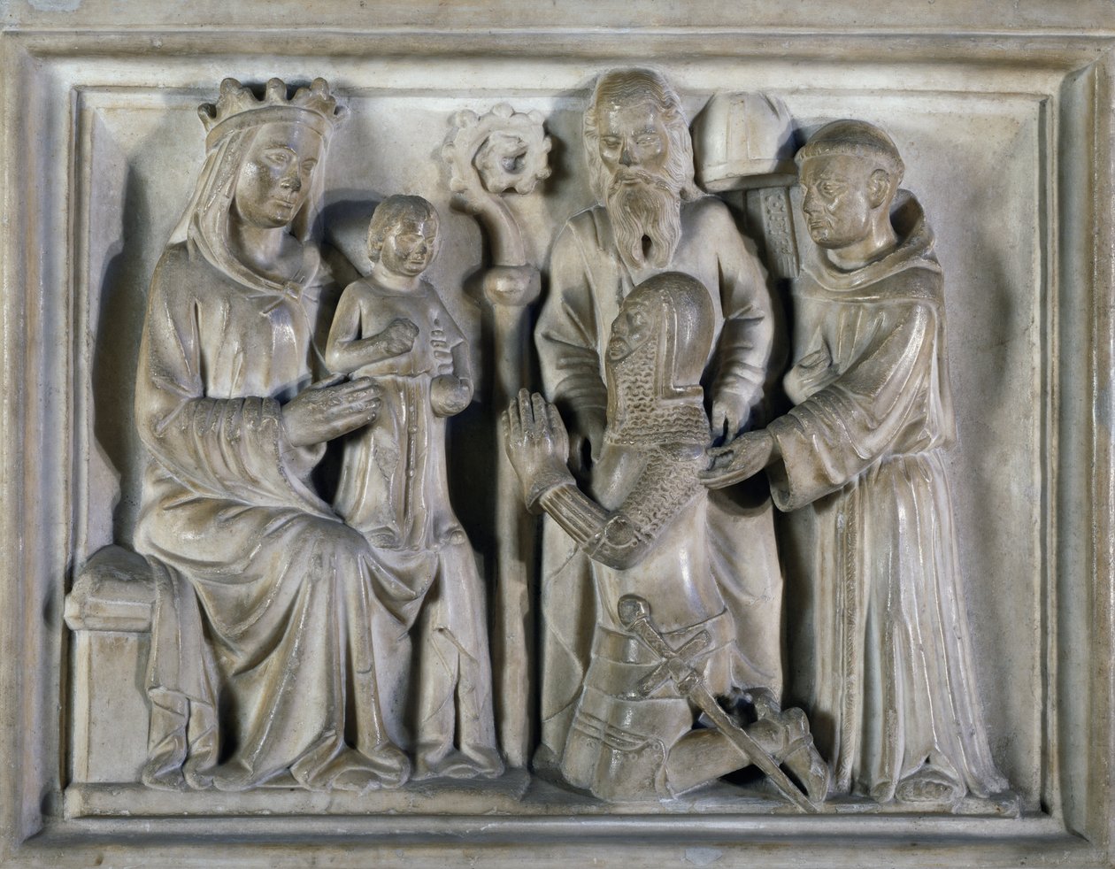 Madone et Enfant, avec un guerrier et des saints, relief créé par Les Maîtres de Campione. Italie - Italian School