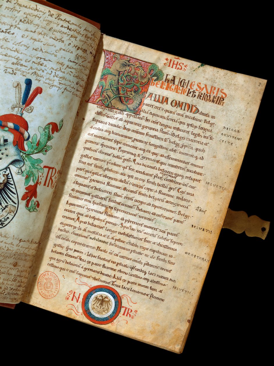 Manuscrit « De Bello Gallico, Commentaires sur la guerre des Gaules » par Jules César (Giulio Cesare ou Caius Julius Caesar) (100-44 av. J.-C.) (ms. 541). Blason de l