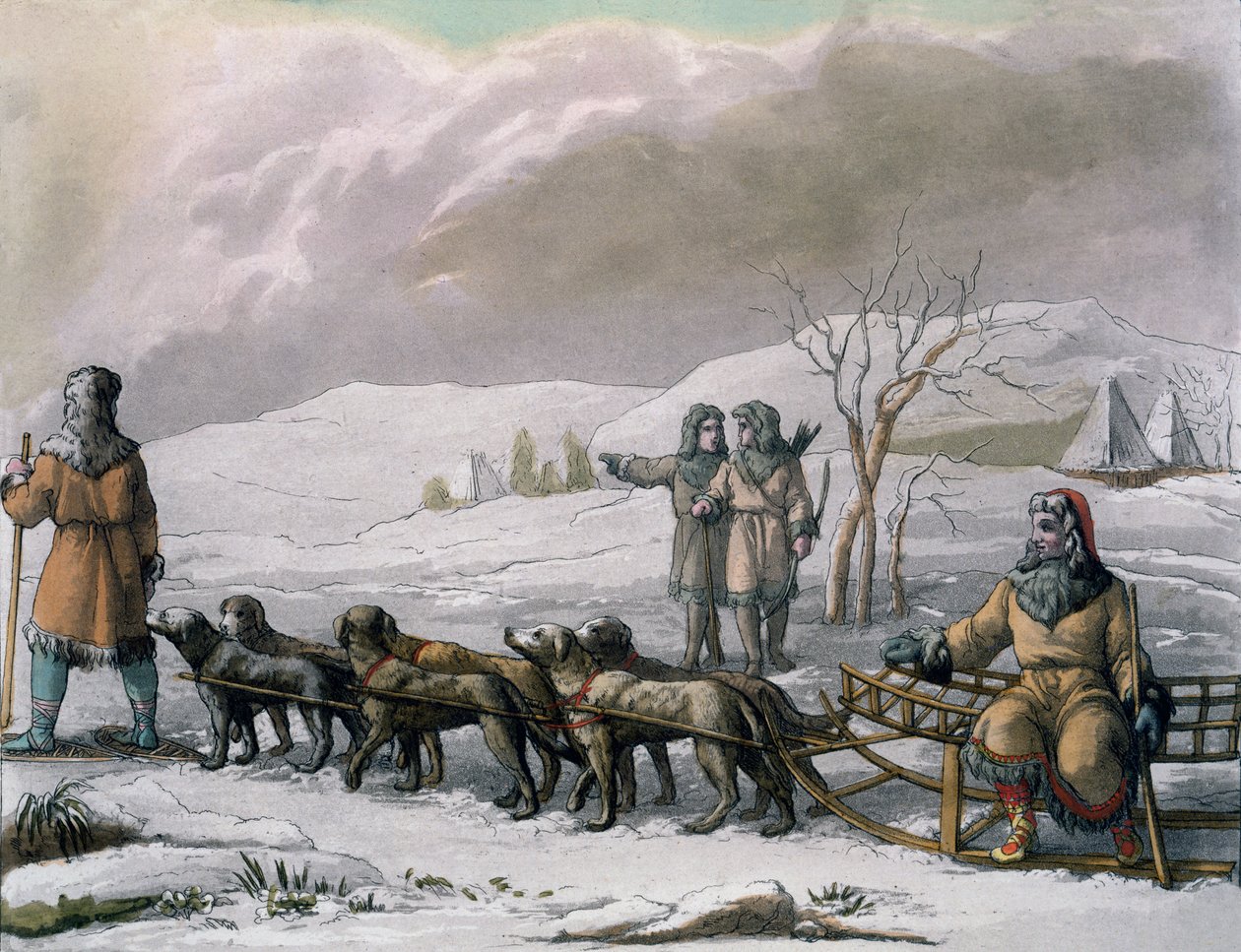 Hommes de Kamtchatka, avec un traîneau à chiens, de Costumi dei... par Giulio Ferrario, vers 1820-30 - Italian School