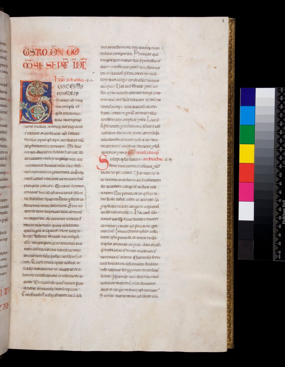 Ms 143. Grégoire le Grand, Registrum Epistolarum, f.8r. Initiale décorée [S] avec remplissage de feuilles de vigne blanches et fleurons - Italian School