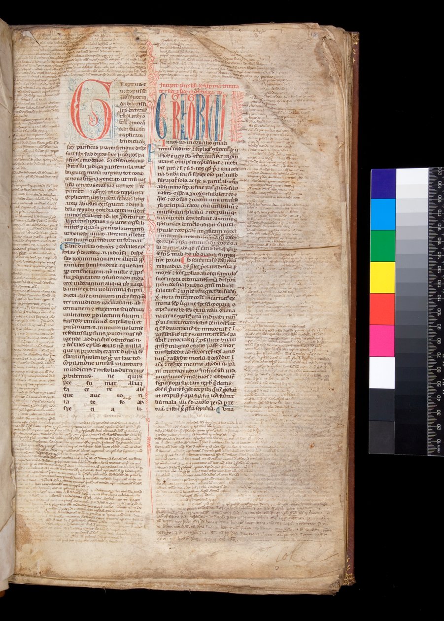 Ms 213. Grégoire IX, Decretales avec Apparatus par Bernardo Botone de Parme, F.1r. Initiale [G] en rouge avec décoration réservée et à la plume bleue - Italian School