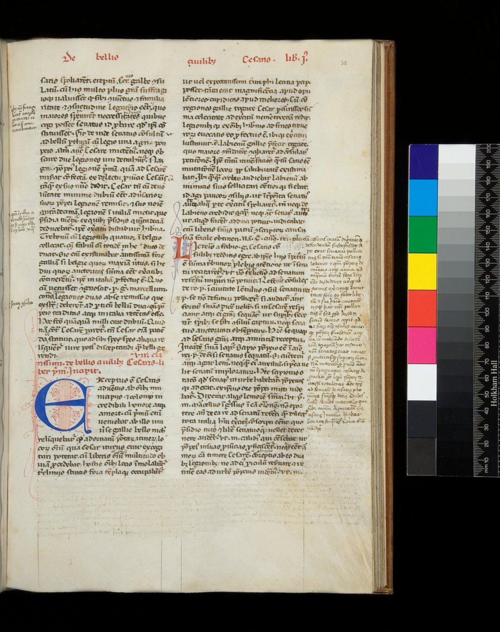 Ms 342. César, Opera, f.38r. Initiale [E] en bleu avec décoration à la plume en rouge - Italian School