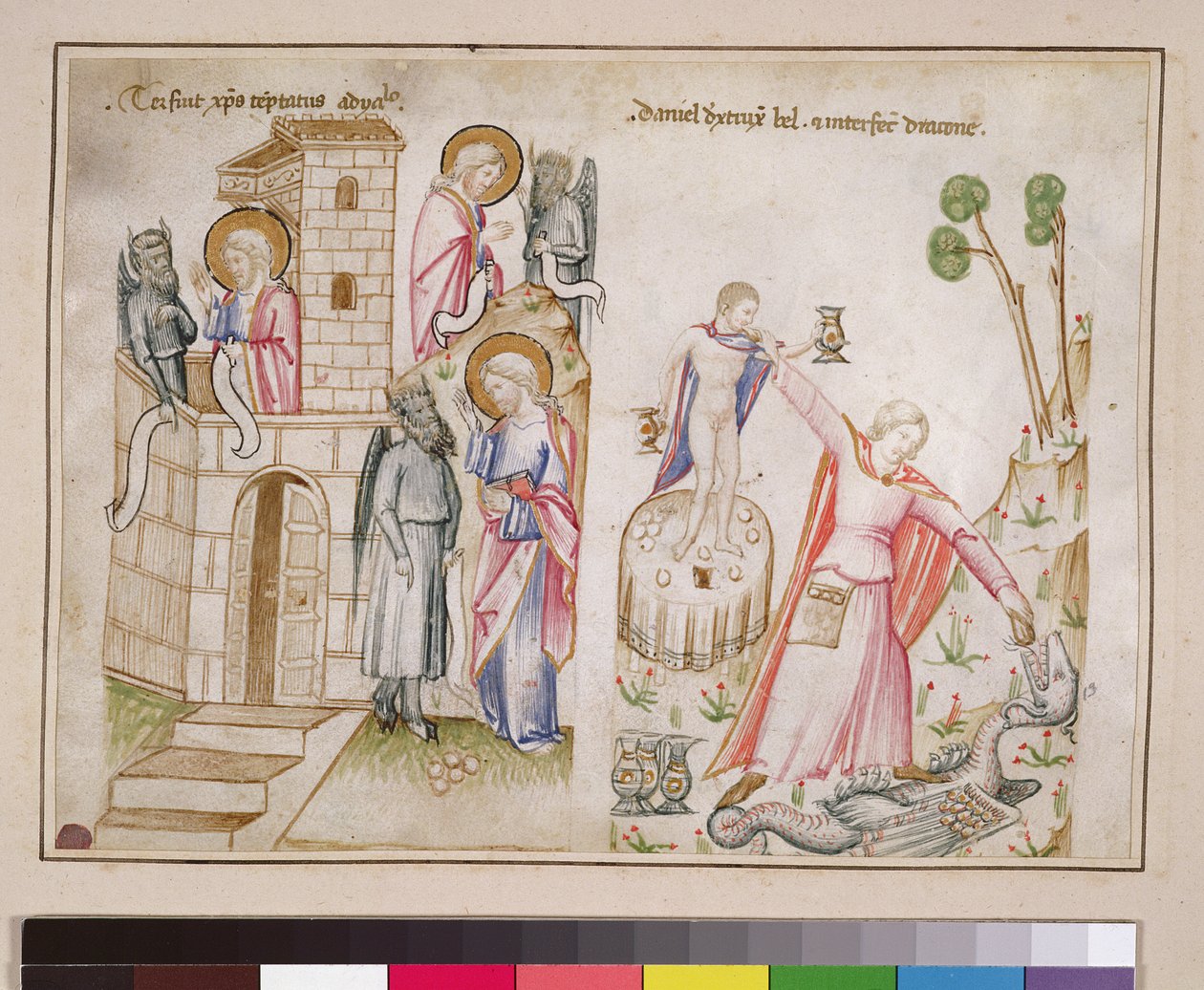 Ms 43-1950 (5v) Tentation du Christ, Daniel détruisant Bel, du Speculum Humanae Salvationis - Italian School