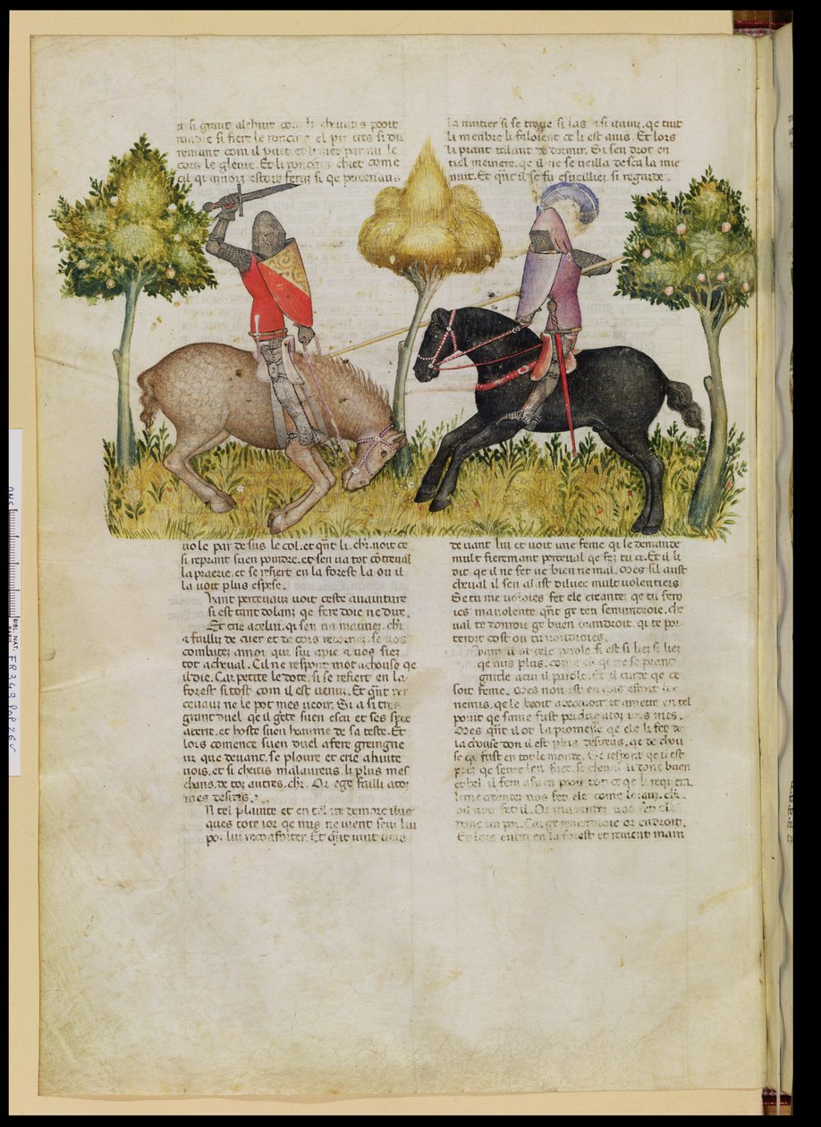 Ms Fr 343 fol.26v Le cheval de Sir Percival est tué, de la Queste del Saint Graal, c.1380-85 - Italian School