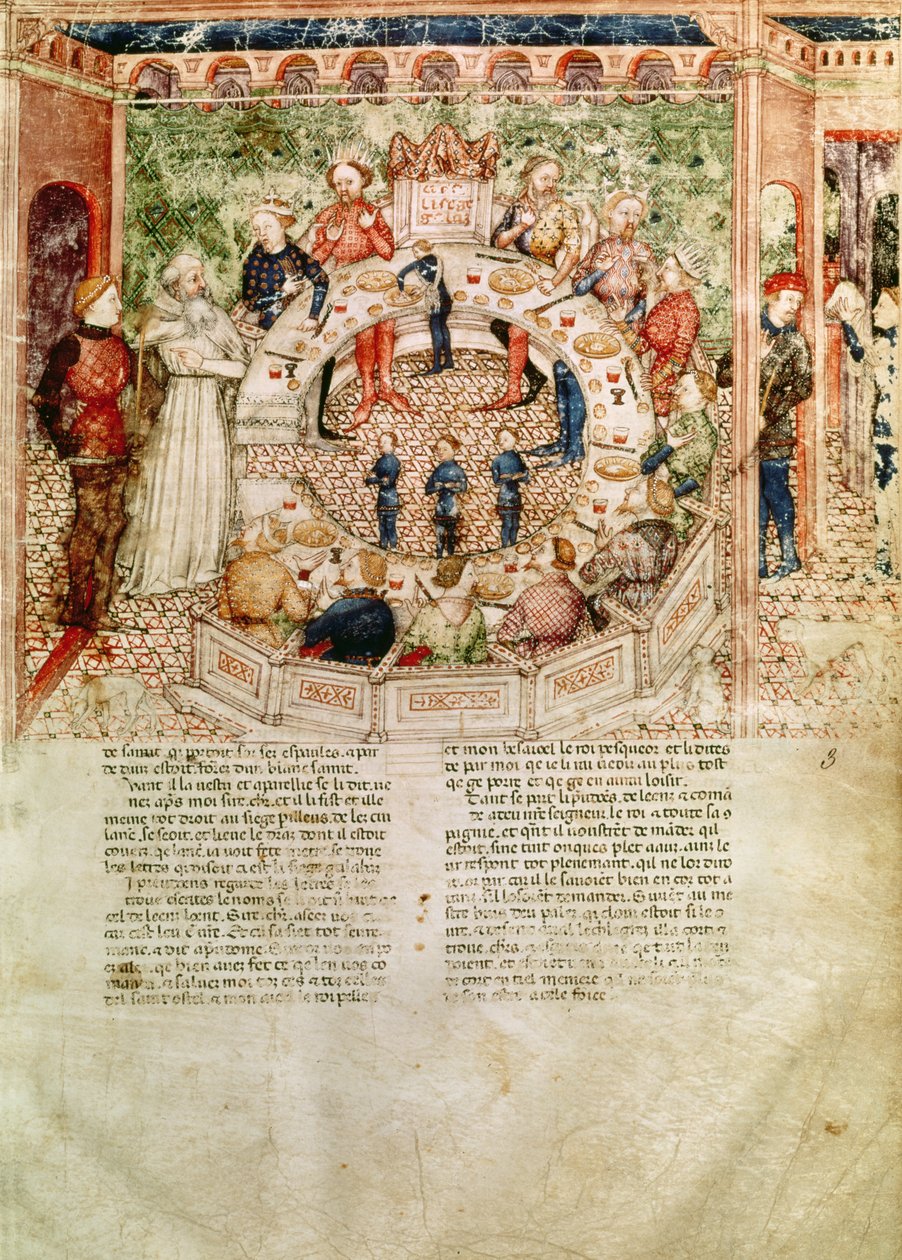 Ms Fr 343 fol.3 Sir Galahad est accueilli à la Table Ronde, de la Queste del Saint Graal, c.1380-85 - Italian School