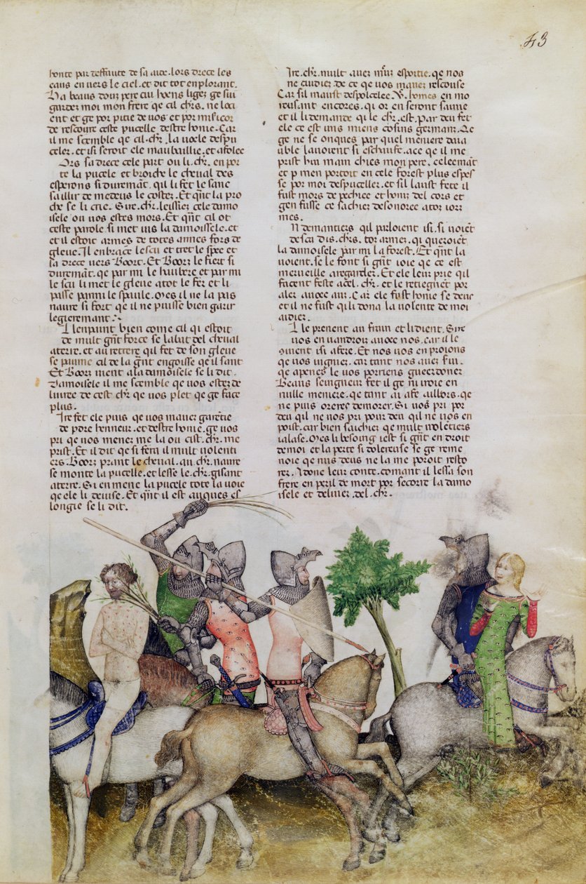Un chevalier de la Table Ronde, Sir Bors, est forcé de choisir entre sauver son frère Lionel ou sauver une demoiselle, de la Quête du Saint Graal, vers 1380-85 - Italian School