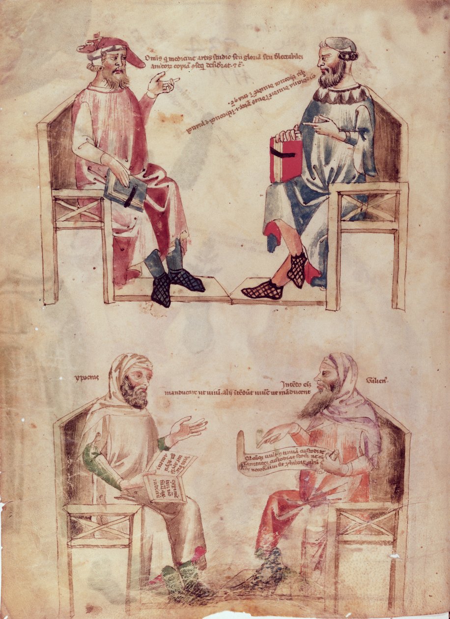 Ms Lat 6823 fol.1v Hippocrate (c.460-c.377 av. J.-C.) et Hunayn ibn Ishaq (808-873) et Hippocrate et Claudius Galenus (c.131-c.201) de De Herbis par Manfredus de Monte Imperiali, vers 1330-40 - Italian School