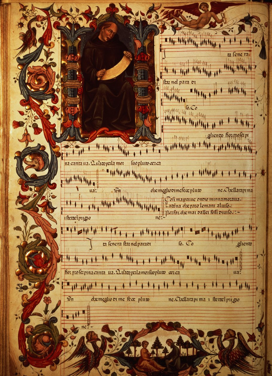 Page de notation musicale avec initiale historiée, du Codex Squarcialupi, produit au monastère florentin de S. Maria degli Angeli - Italian School