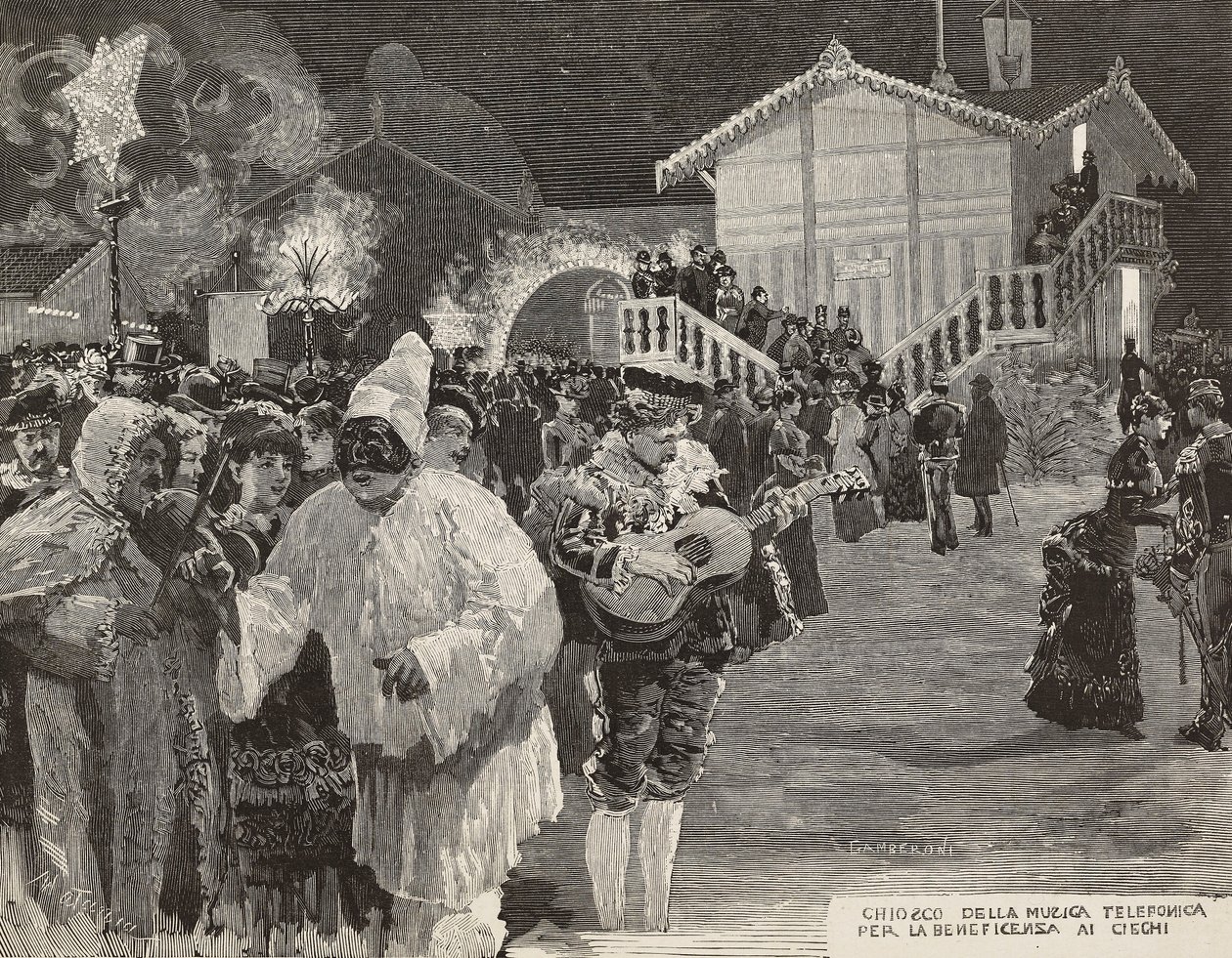 Kiosque musical pour collecter des fonds pour les aveugles, masque de Pulcinella, Carnaval à Naples, Italie, gravure d