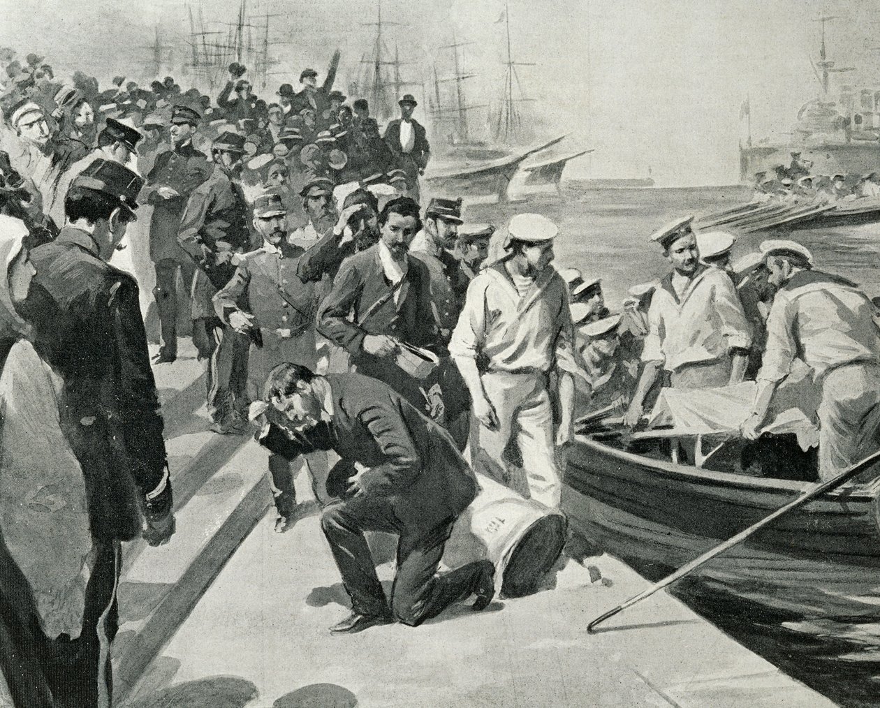 Mutinerie du cuirassé russe Potemkine débarquant dans le port de Constanta en Roumanie, Illustration de L