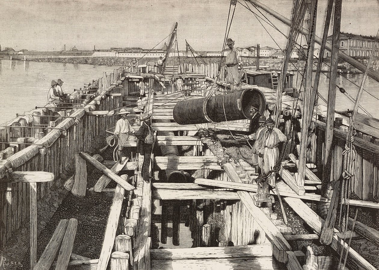 Nouveau aqueduc à Venise, pose du canal dans la lagune, Italie, gravure d