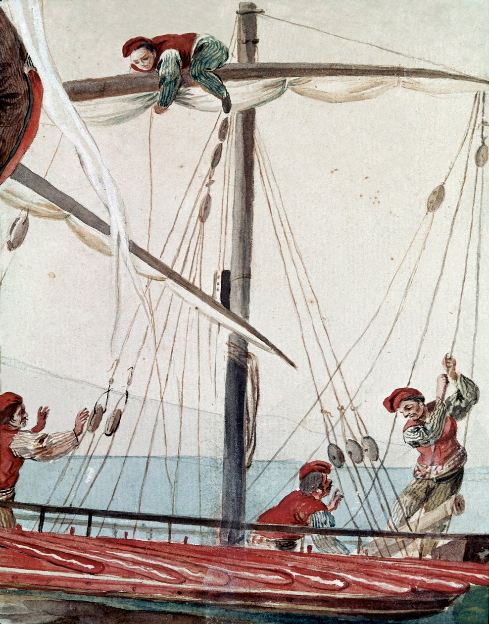 Anciens métiers napolitains : un bateau de pêche - Aquarelle du 19ème siècle - Naples Museo Nazionale di San Martino - Italian School