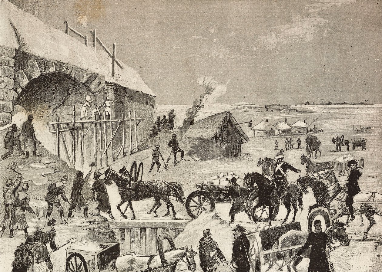 Une des forteresses en construction à la frontière de la Russie, gravure d