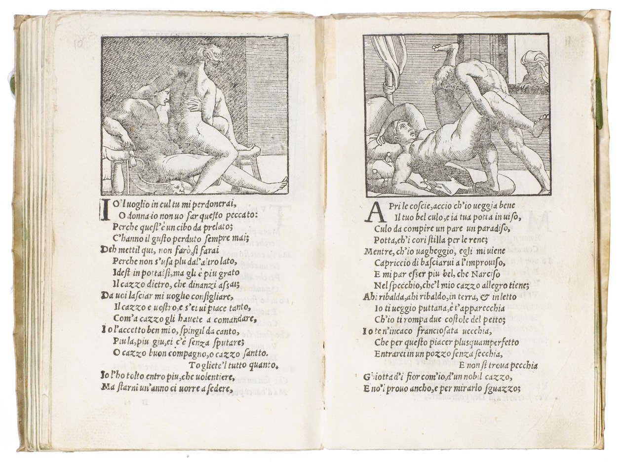 Page de "Sonetti Lussuriosi" par Pietro Aretino, illustrée par Giulio Romano et gravée par Marcantonio Raimondi, publiée à Venise, vers 1527 - Italian School