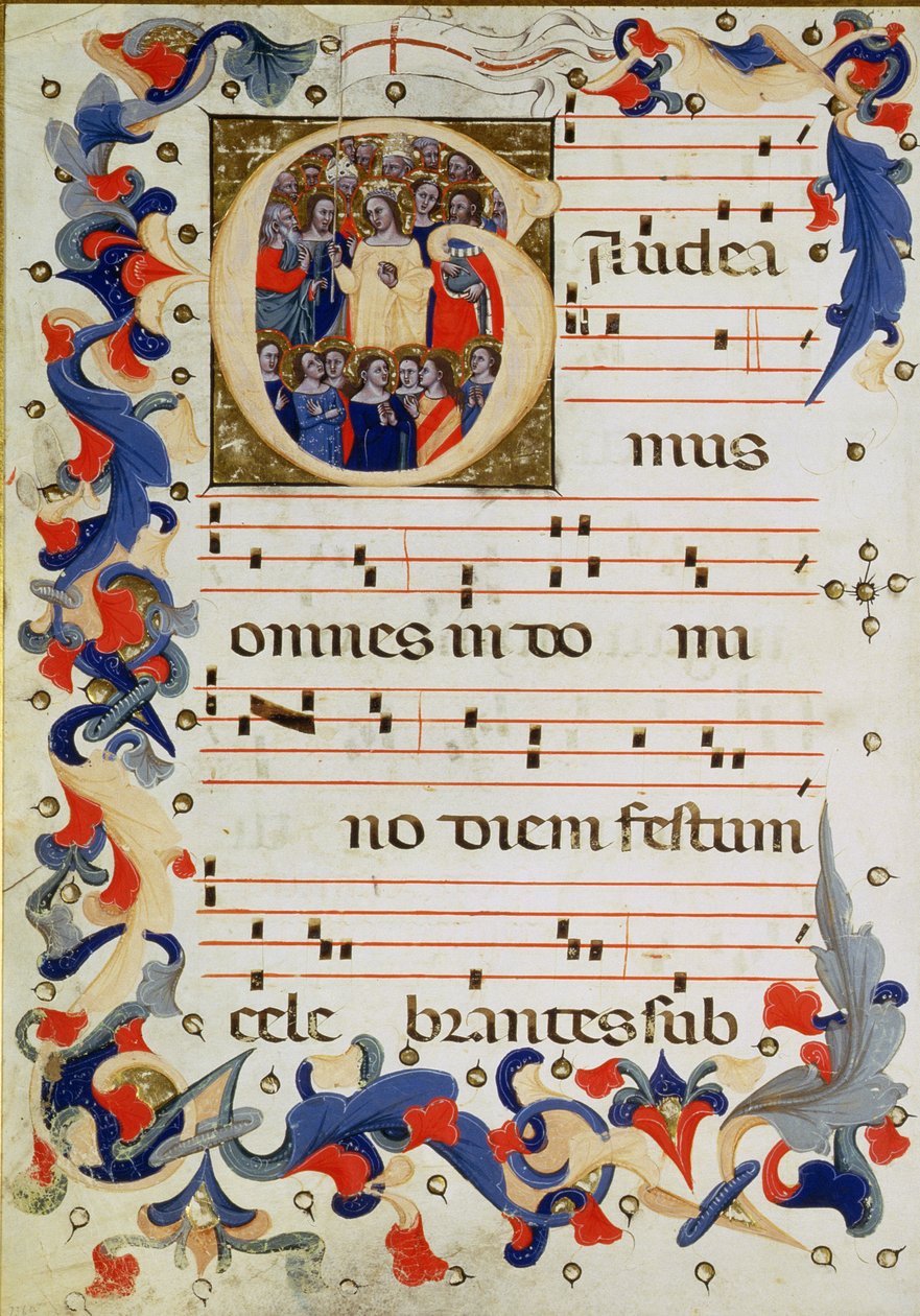 Page de notation musicale avec une initiale historiée G représentant un groupe de saints avec Sainte Ursule au milieu, École de Bologne - Italian School
