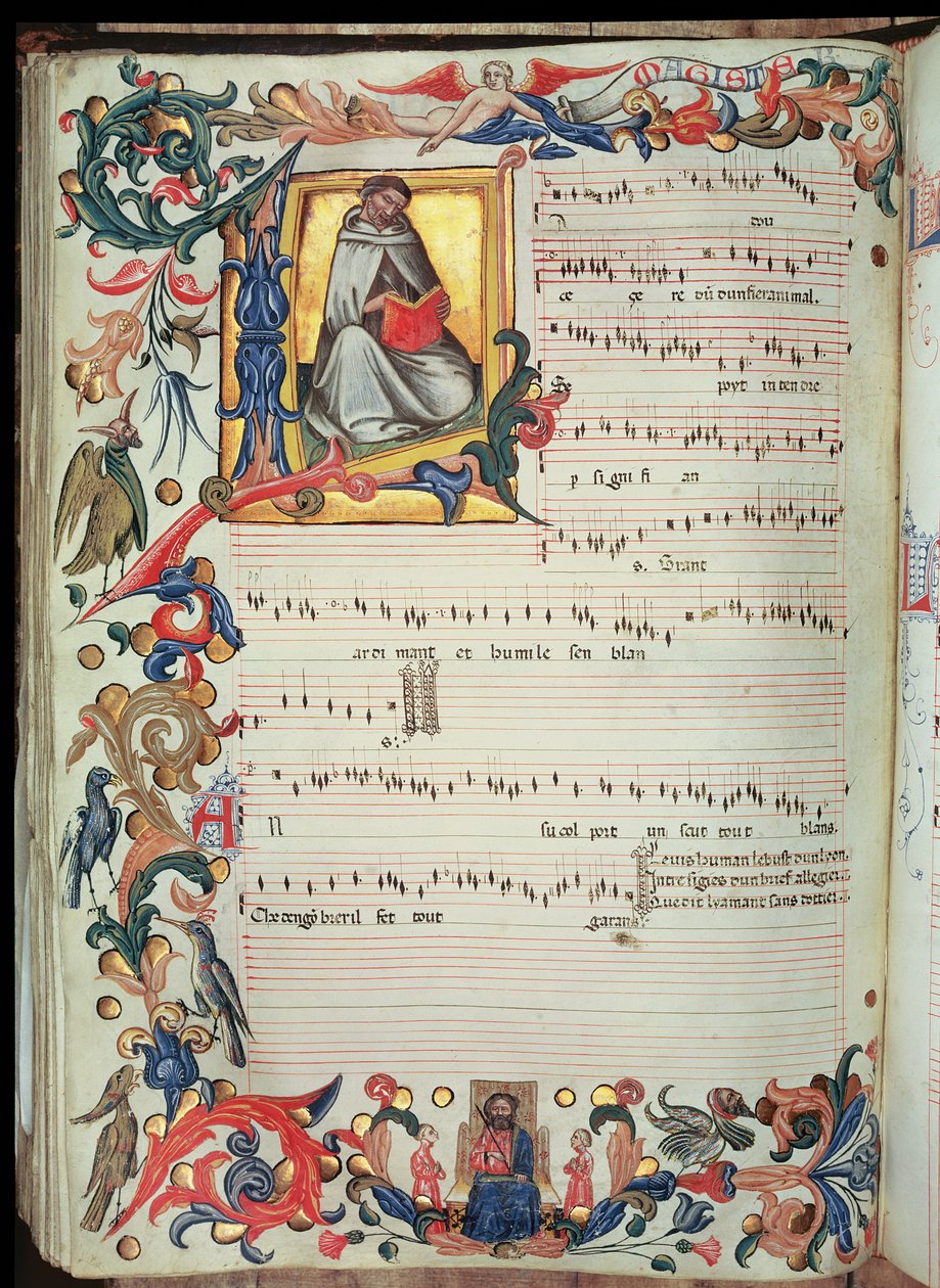 Page de notation musicale avec initiale historiée, du Codex Squarcialupi, produit au monastère florentin de S. Maria degli Angeli - Italian School