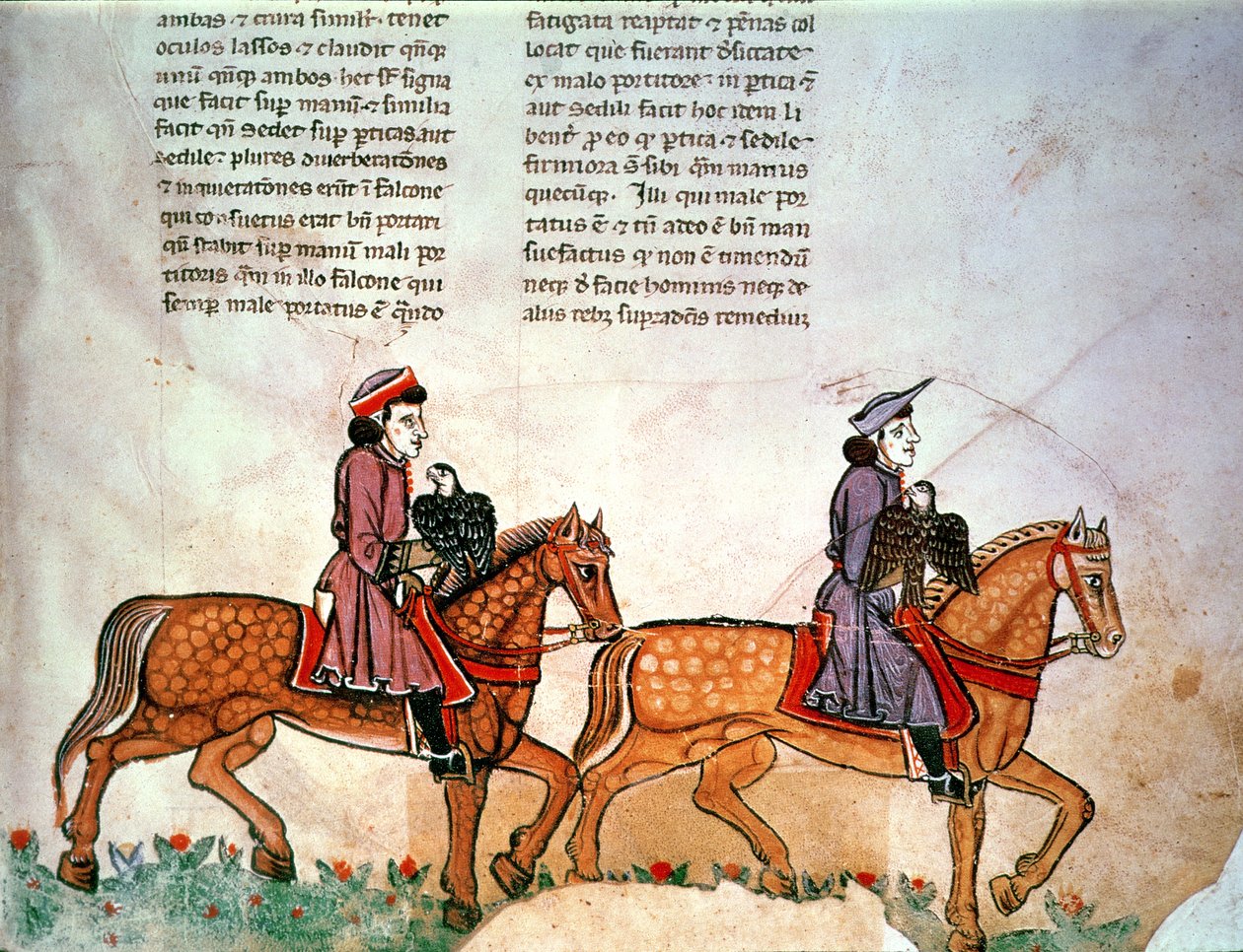 Pal Lat 1071 Frédéric II : Deux cavaliers avec des faucons, de De Arte Venandi cum Avibus - Italian School