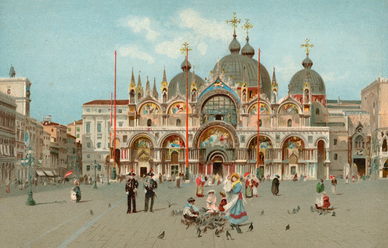 Place Saint-Marc et basilique Saint-Marc, Venise, Italie (chromolitho) - Italian School