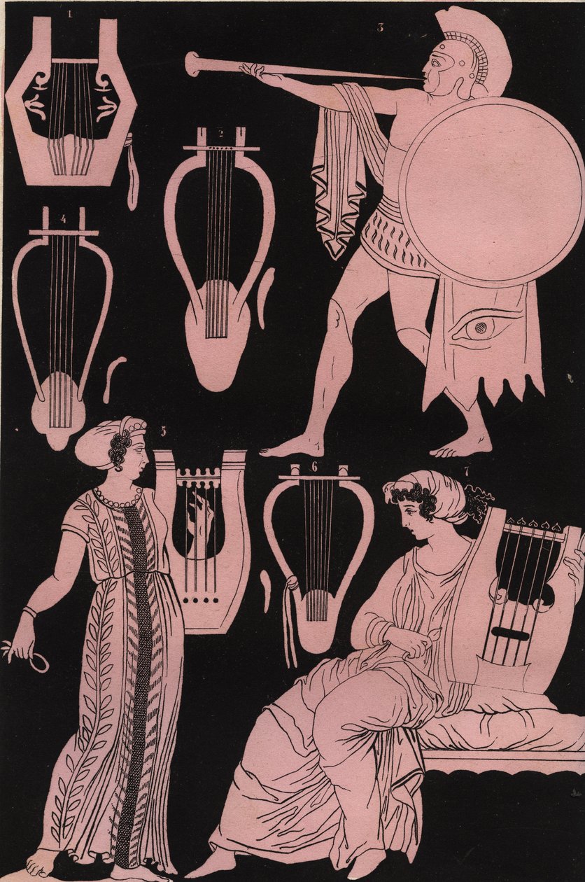 Pipes, lyres et autres instruments de musique dans la Grèce antique - Instrument de musique grec antique - gravure de « Usi e Costumi di Tutti i Popoli dell