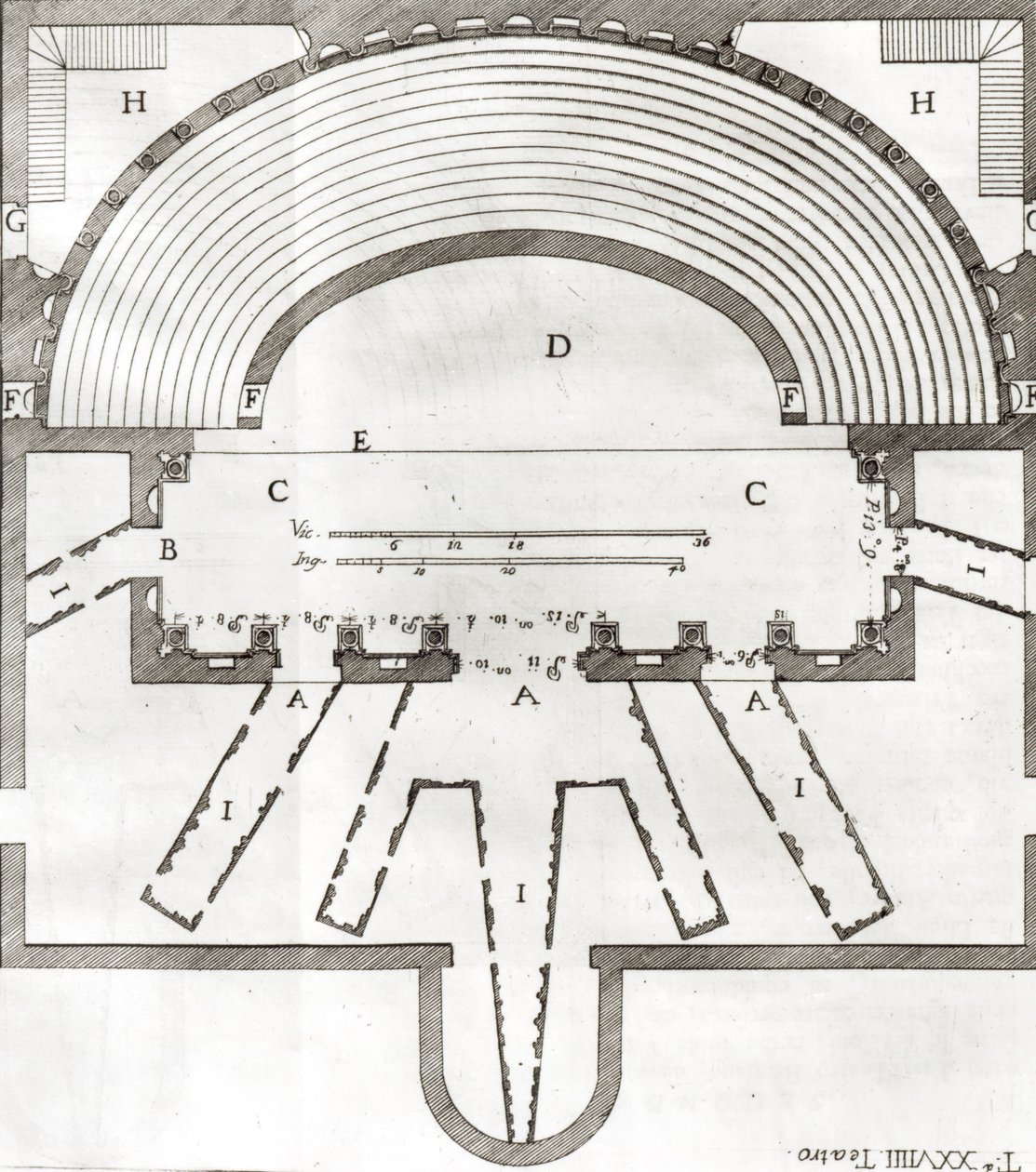 Plan du Théâtre Olympique, Vicence, conçu par Andrea Palladio (1508-80) construit en 1580-85 - Italian School