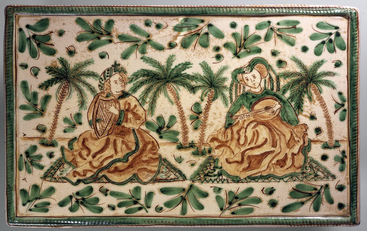 Assiette avec musiciens dans une palmeraie, décor inspiré de la période de Frédéric II, céramique décorative, 30 cm, manufacture Alessi, Caltagirone, Sicile, Italie, 20e siècle - Italian School