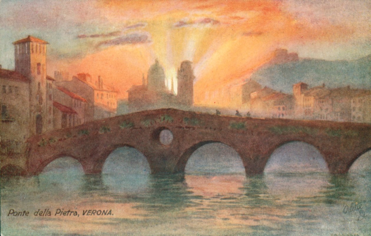 Ponte Pietra, le plus ancien pont romain, Vérone, Italie (lithographie couleur) - Italian School