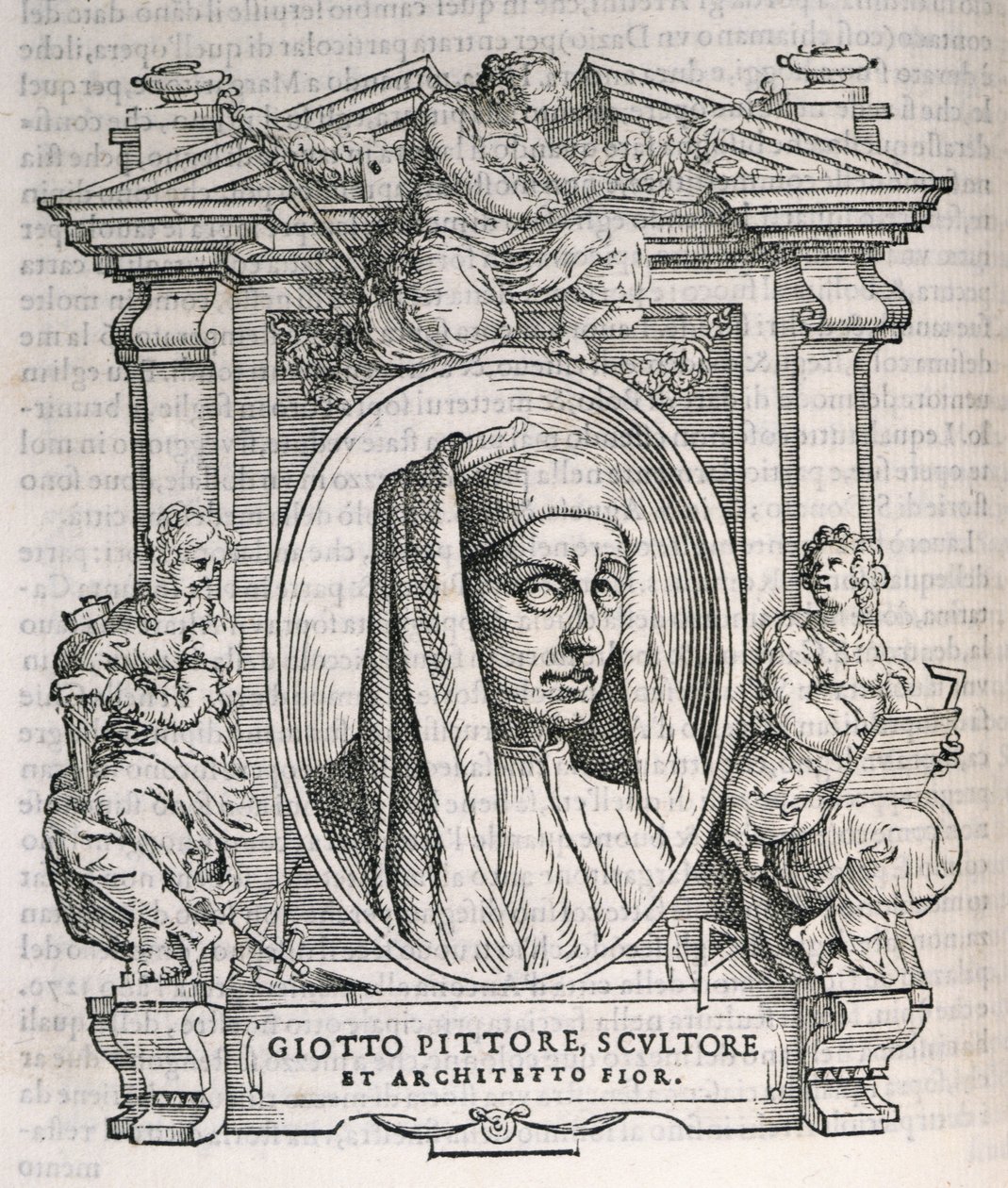 Portrait de Giotto di Bondone (c.1267-1337) de Vies des artistes de Vasari, première publication 1550 - Italian School