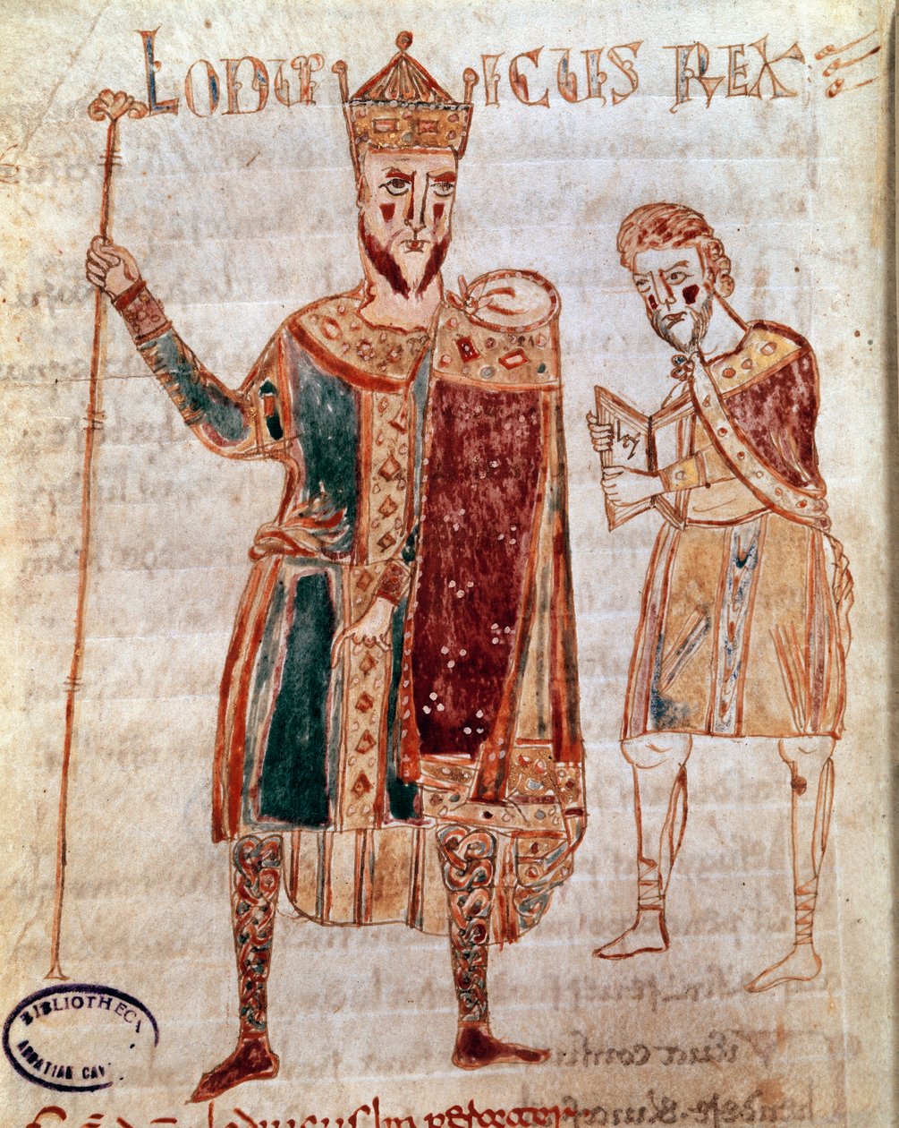 Portrait de Louis Ier le Pieux (778-840), roi de France Page de manuscrit (ms. 4) « Codex Legum Longobardorum » décrivant les lois du royaume lombard établies par le roi Rothari - Italian School