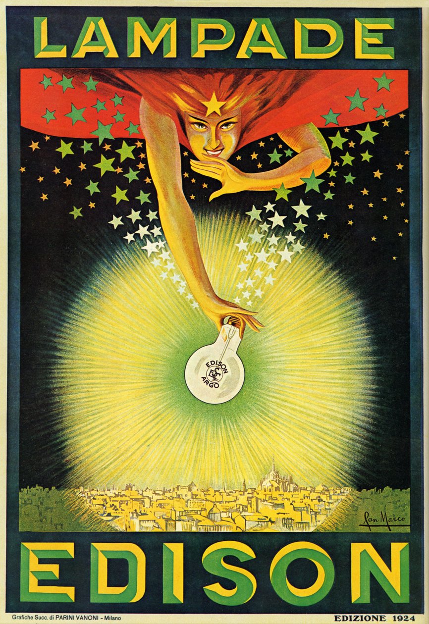 Affiche publicitaire pour les ampoules Edison, Milan, Italie - Italian School