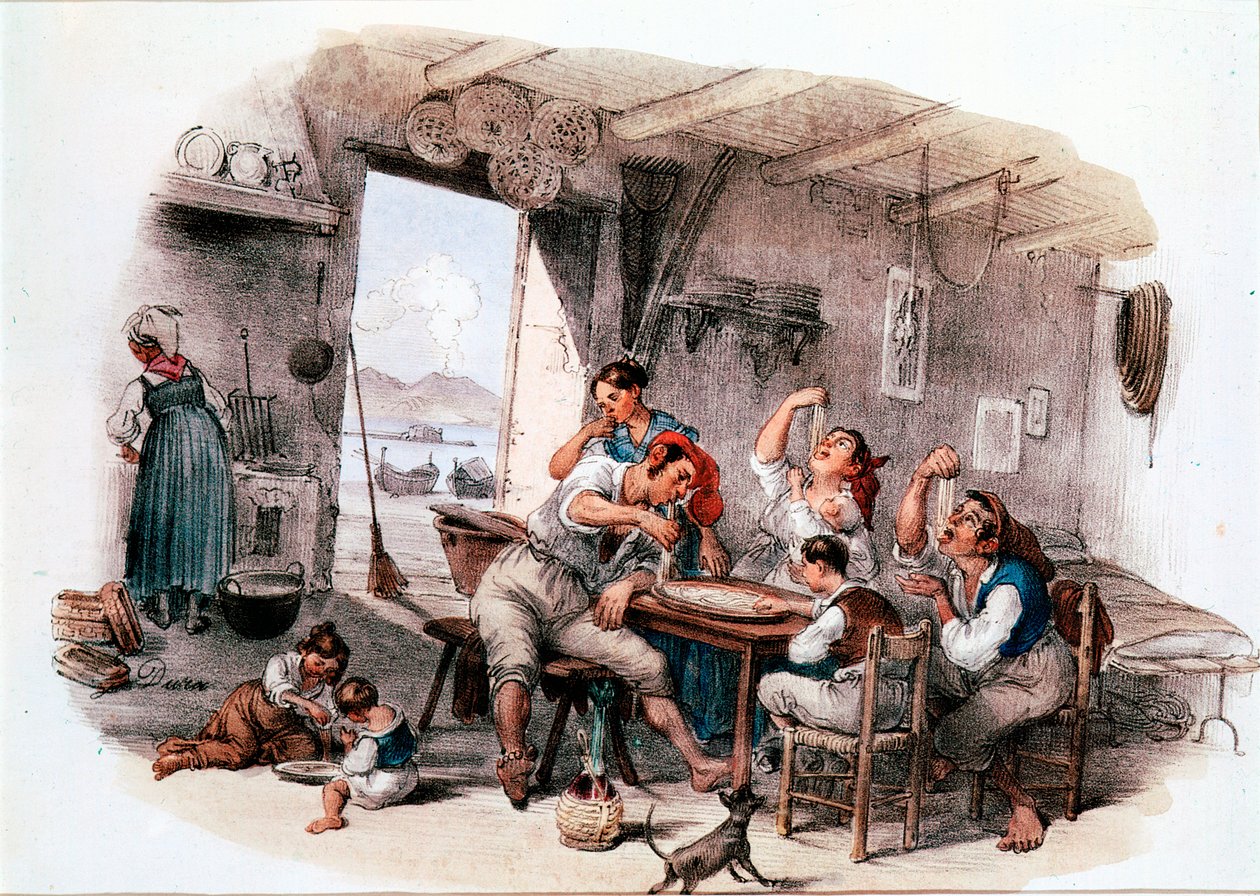 Probablement une famille napolitaine mangeant des maccheroni avec les mains - Italian School