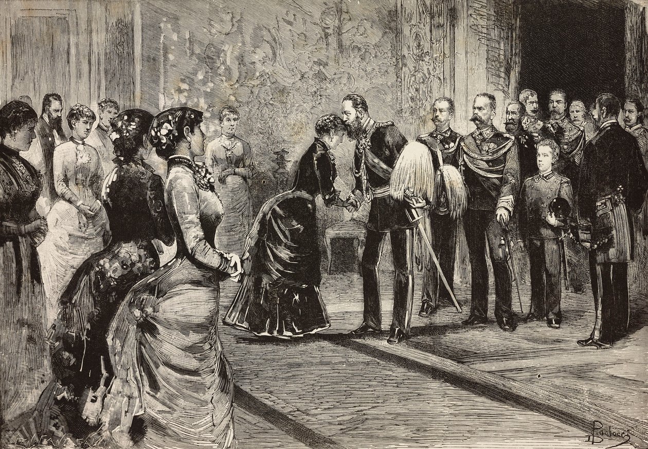 La reine Margherita et Umberto I recevant le prince héritier d