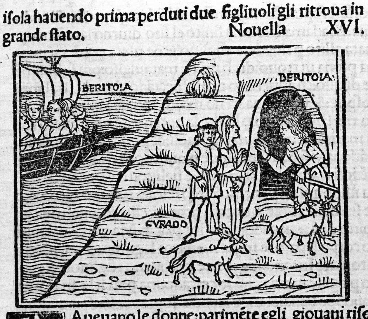 Reet de Beritola. Illustration pour la nouvelle 16 (Nouvelle 6 du deuxième jour) du "Décaméron" de Giovanni Boccaccio dit Jean Boccaccio (1313-1375), écrivain italien. Gravure dans "Decamerone ouer Cento novelle" Venise, Bartolomeo de 