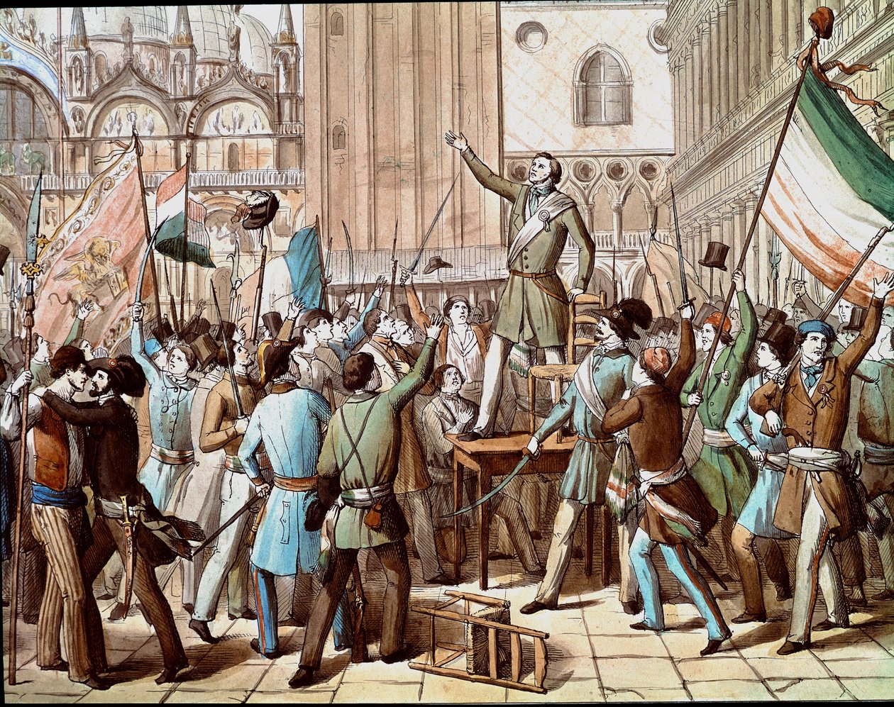 Représentation de Daniele Manin (1808-1857), homme politique qui a dirigé la révolution de Venise contre la présence autrichienne en 1848 : la proclamation de la République vénitienne en mars 1848. - Italian School