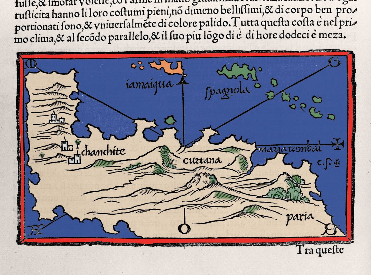 Représentation des îles des Caraïbes et des côtes du Venezuela. Isolario (carte des îles) par Benedetto Bordone. Venise 1547 - Italian School