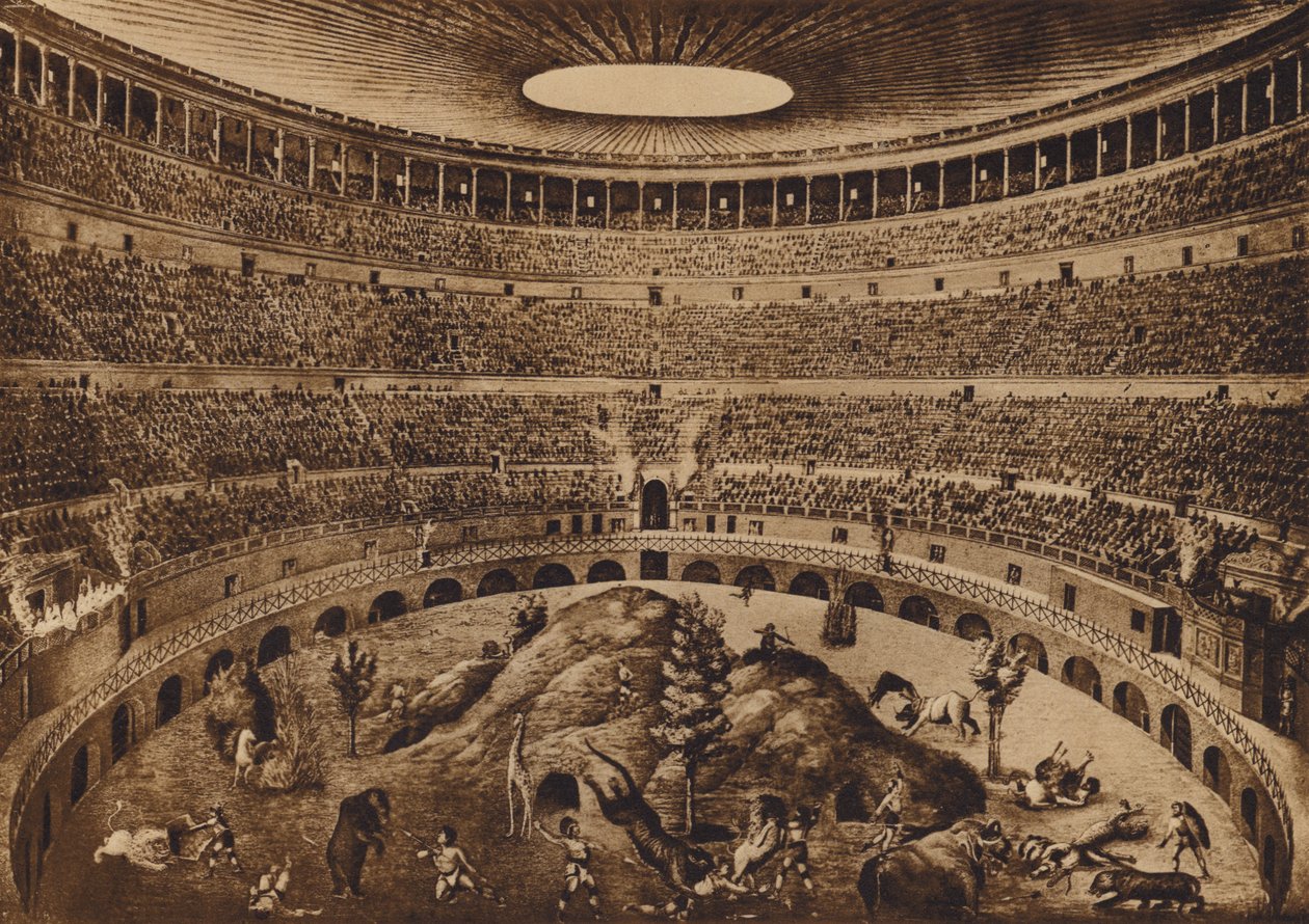 Roma / Rome : Intérieur du Colisée, La chasse aux foires, reconstitution historique (litho) - Italian School
