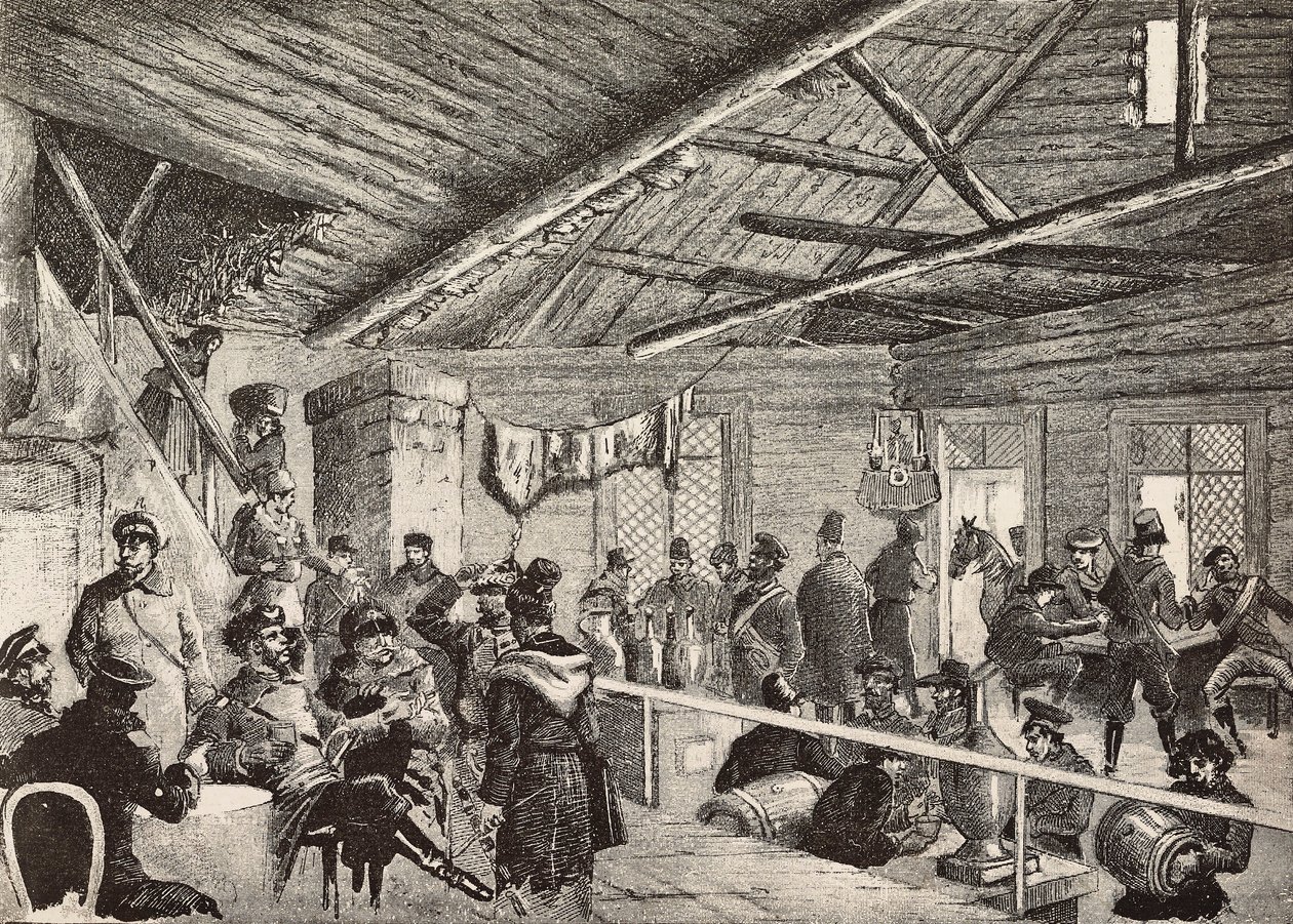 Soldats russes dans une taverne près des fortifications de Varsovie, Pologne, gravure d