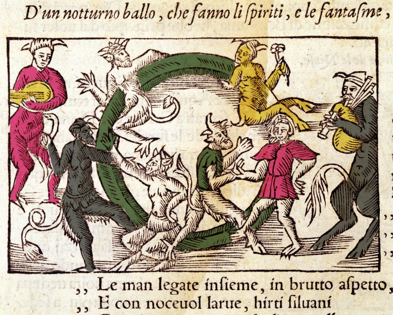 Cérémonie du sabbat avec des sorcières. Gravure par Olaus Magnus (1490 - 1557), religieux et géographe suédois, « Historia de Gentis Septentrionalibus », Venise - Italian School