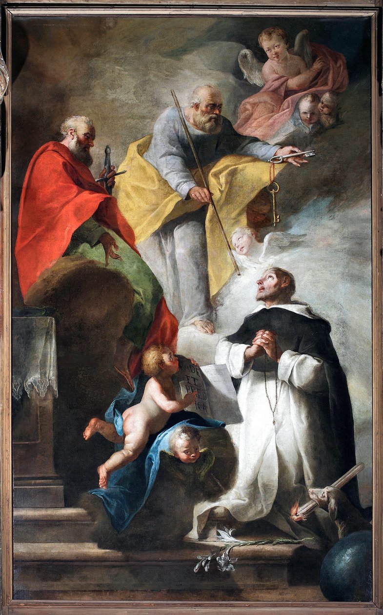 Saint Dominique recevant le bâton de pèlerin et le livre où est inscrit « Vade et prêche » des mains des saints Pierre et Paul - Italian School