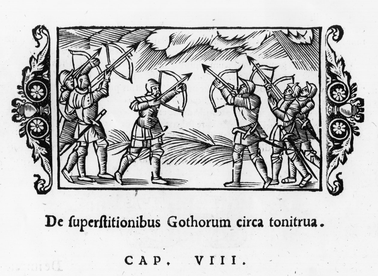Les Scandinaves utilisant leurs flèches pour éloigner le tonnerre, de Historia de Gentibus Septentrionalibus par Olaus Magnus (1490-1557) publié à Rome, 1555 - Italian School