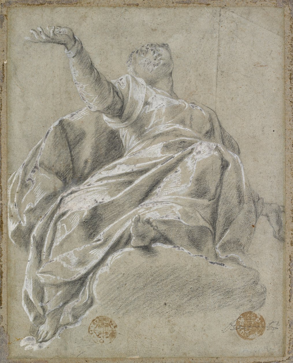 Figure féminine assise sur un nuage, regardant vers le haut - Italian School