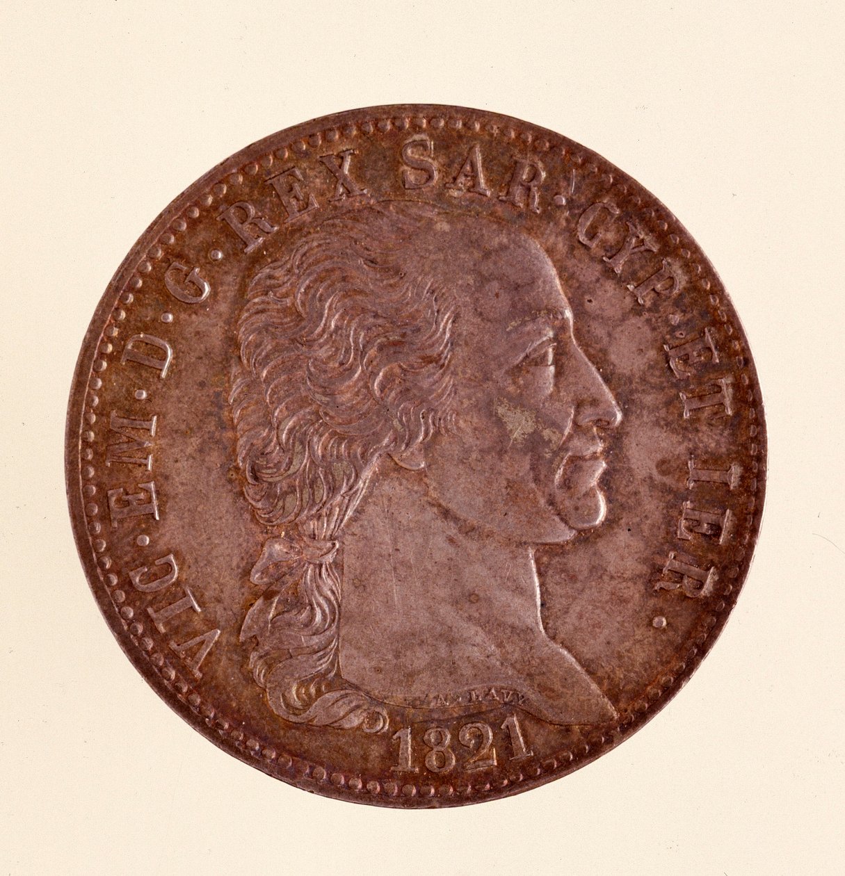 Pièce italienne en argent (écu) du royaume de Sardaigne : règne de Vittorio Emanuele I (Victor Emmanuel I) (1759-1824). 1821. Diam. 3,8 cm Naples, musée archéologique - Italian School