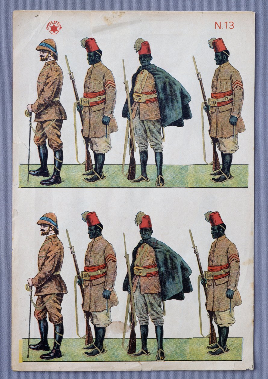 Soldats en uniformes Ascari, soldats en papier découpé, lithographie dorée, réalisée par Stella, Italie, XXe siècle - Italian School