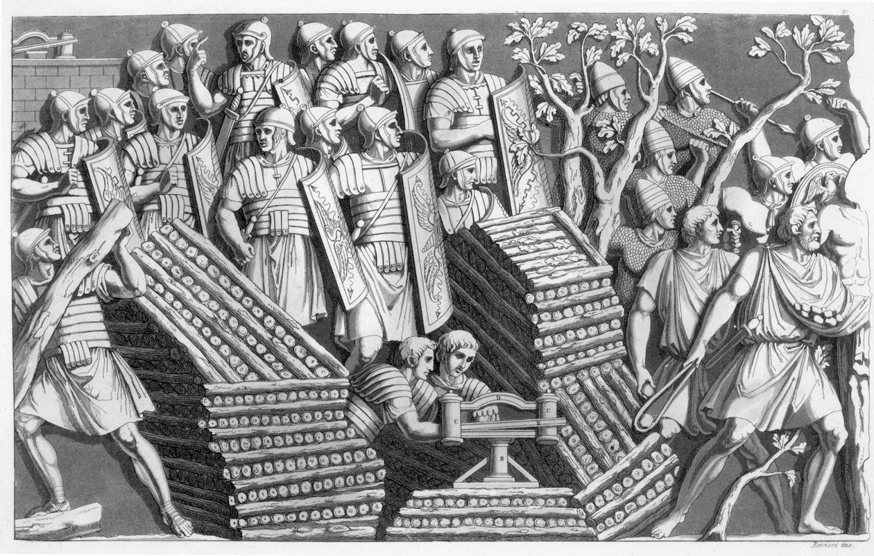 Soldats, peut-être construisant un ponton ou une machine de siège, peut-être de la Colonne Trajane, des Coutumes des Romains, vers 1800-10 (eau-forte et aquatinte) - Italian School