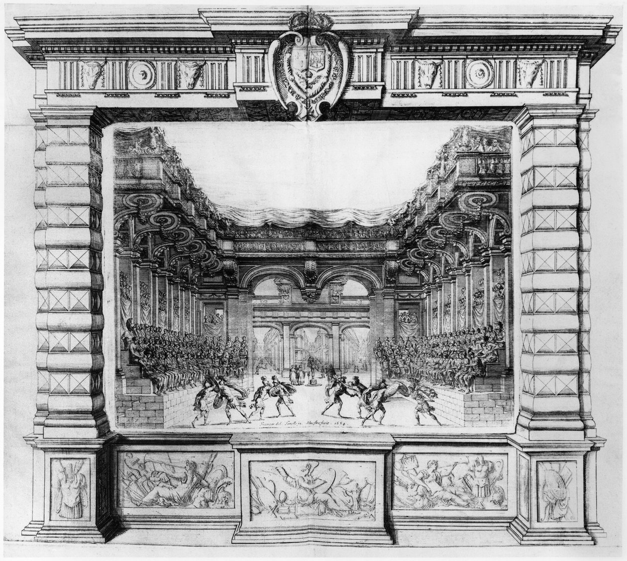 Décor de scène par Giacomo Torelli (1608-78) pour la Finta Pazza joué en 1645 au Théâtre Petit Bourbon à Paris, 1654 - Italian School
