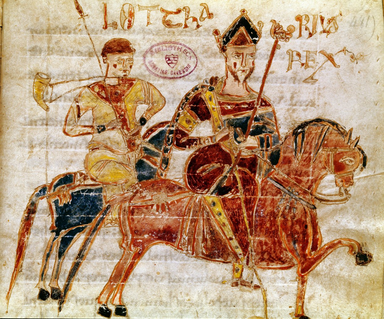 Le roi des Francs et ensuite Lothaire Ier (9e siècle) Miniature du « Codex Legum Longobardorum » décrivant les lois du royaume lombard établi par le roi Rothari - Italian School