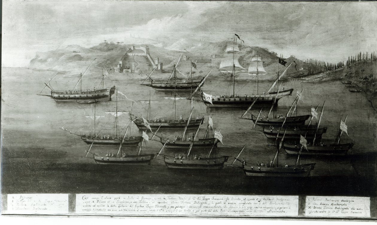 La flotte vénitienne dirigée par le capitaine Ivanovich da Dabrota contre les pirates turcs à Durazzo, 1756 - Italian School